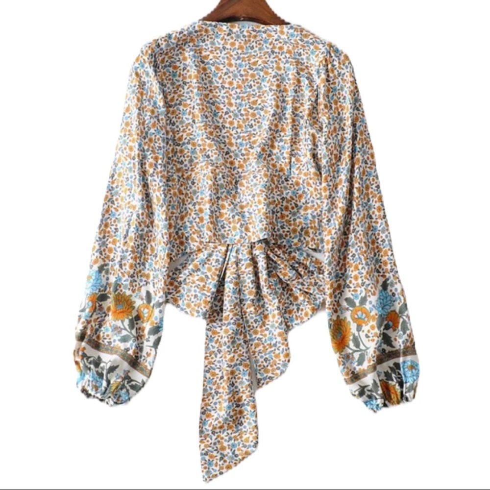Boho Floral Print Gypsy Crop Top Tied Long Sleeve - Picture 14 of 16